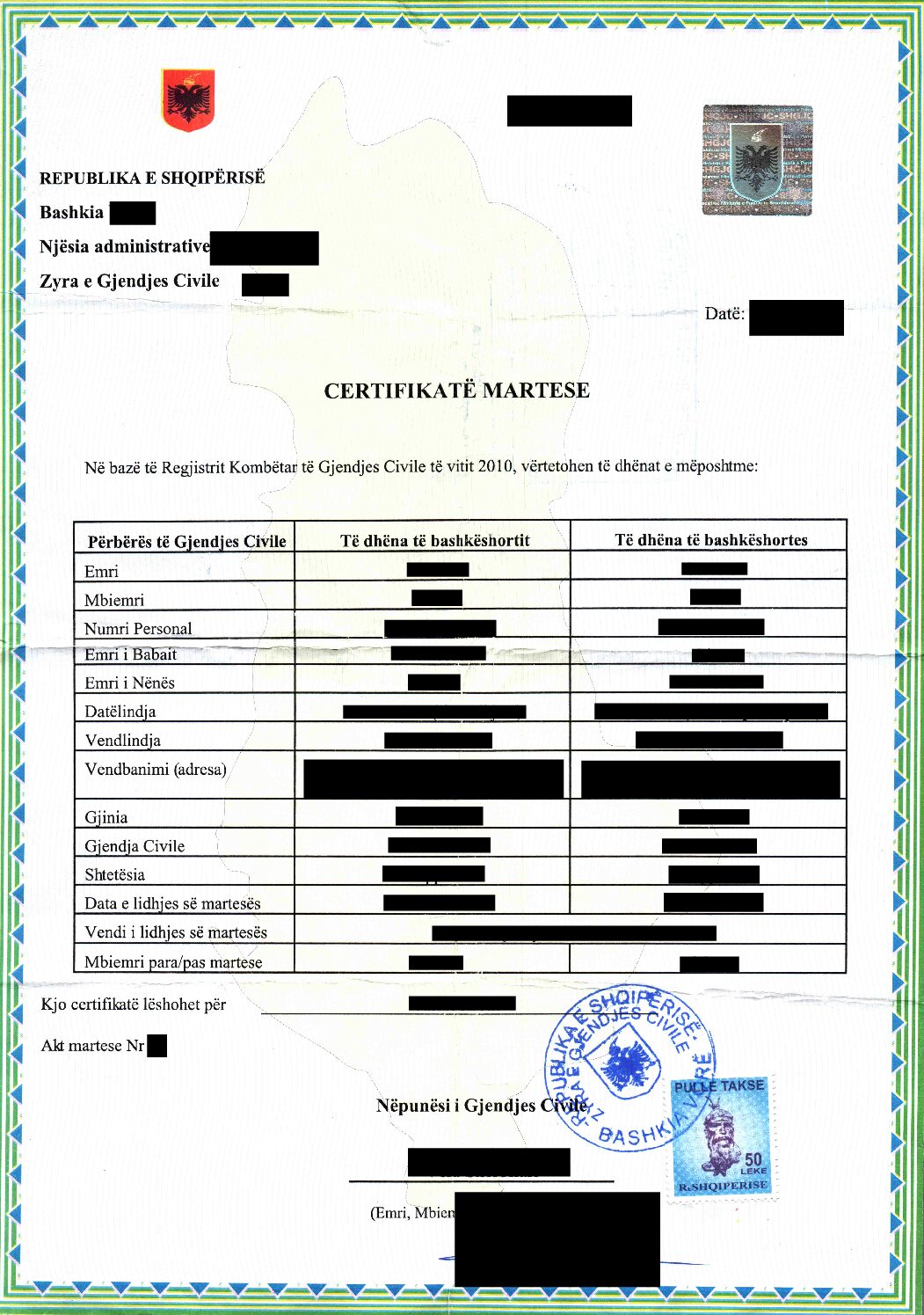 Certified Translation Of Albanian Marriage Certificate From Albanian To 